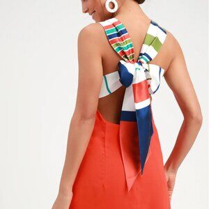 NWOT Lulus Joyful Red Orange Multi Stripe Tie-Back Mini Dress